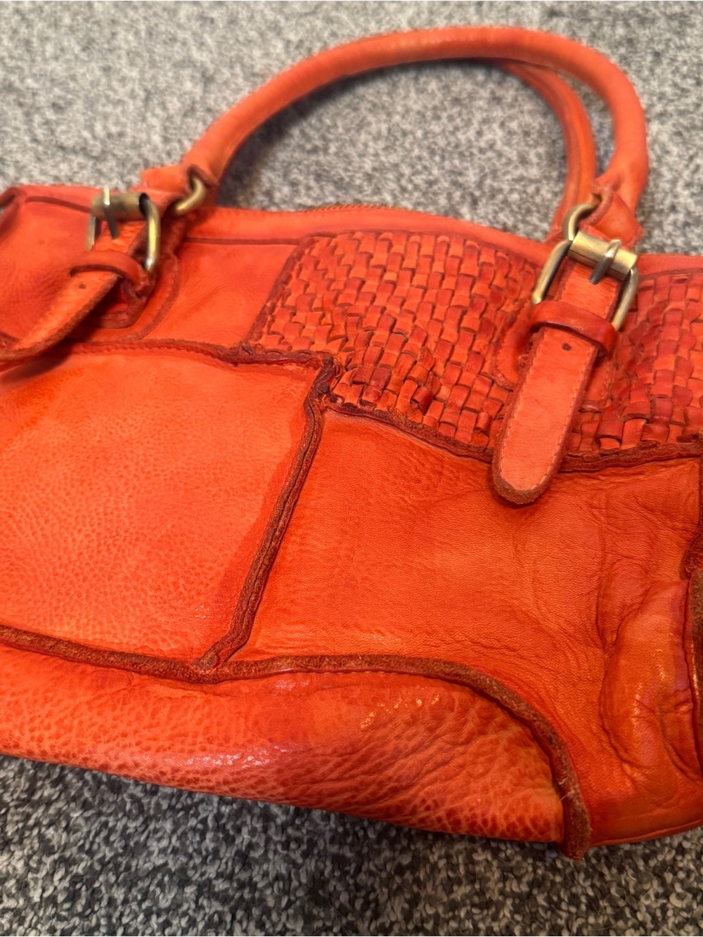 Mary Frances Orange Leather Handbag Woven Patchwork Satchel Purse Boho - Picture 2 of 10
